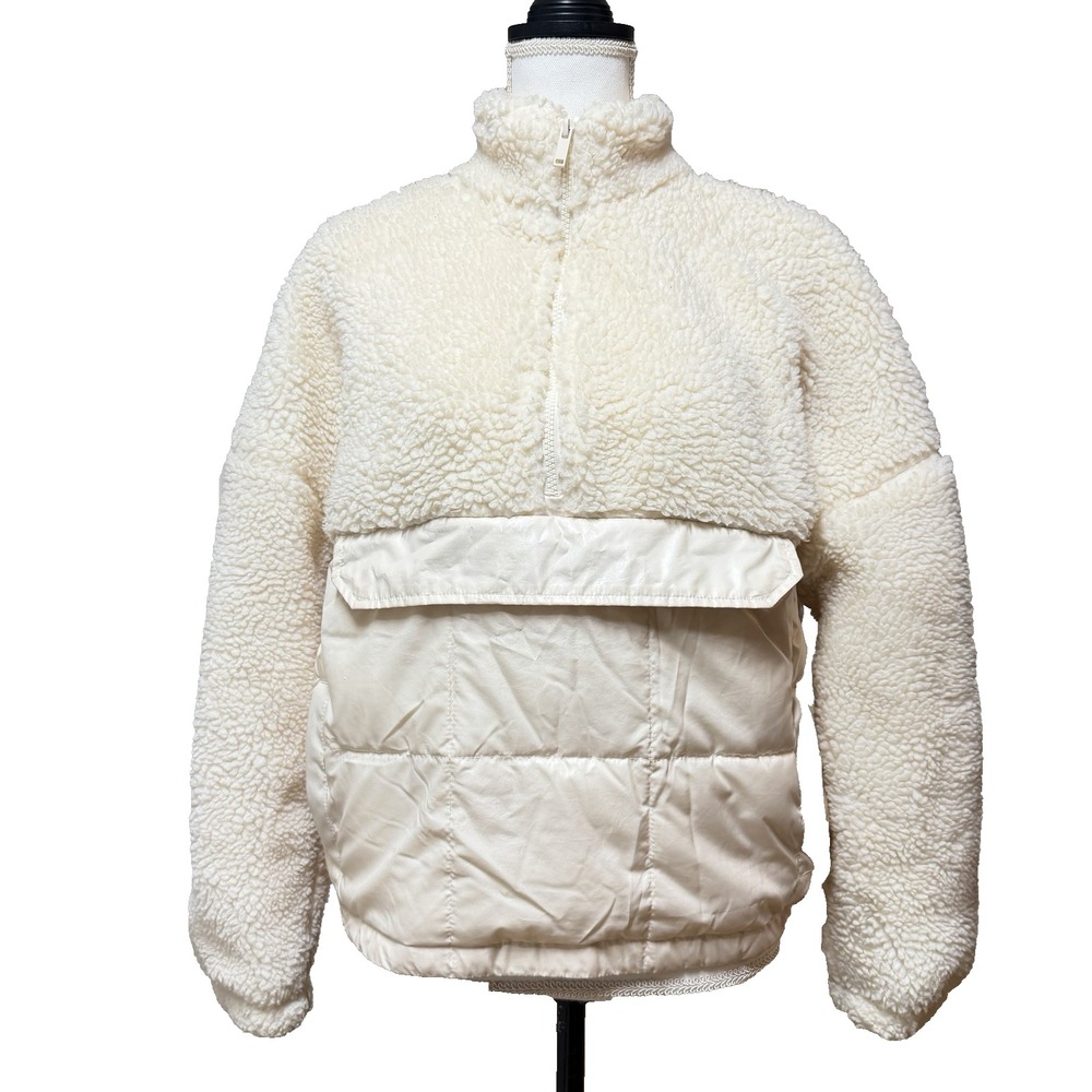 Fabletics Nelly Mixed Media Ivory Sherpa‎ Long Sleeve Half Zip Puffer S